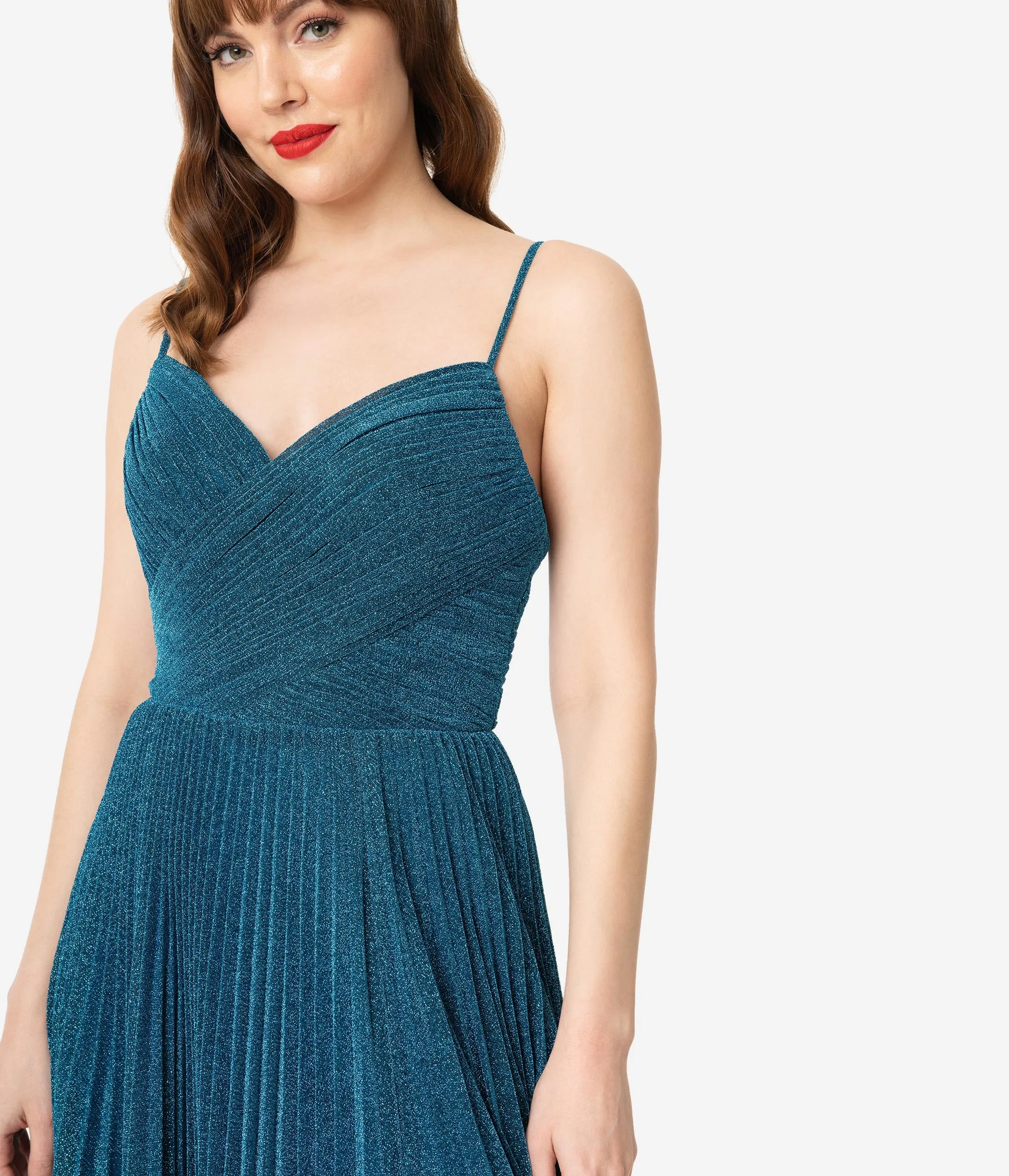 Teal Blue Sparkle Pleated Long Evening Dress