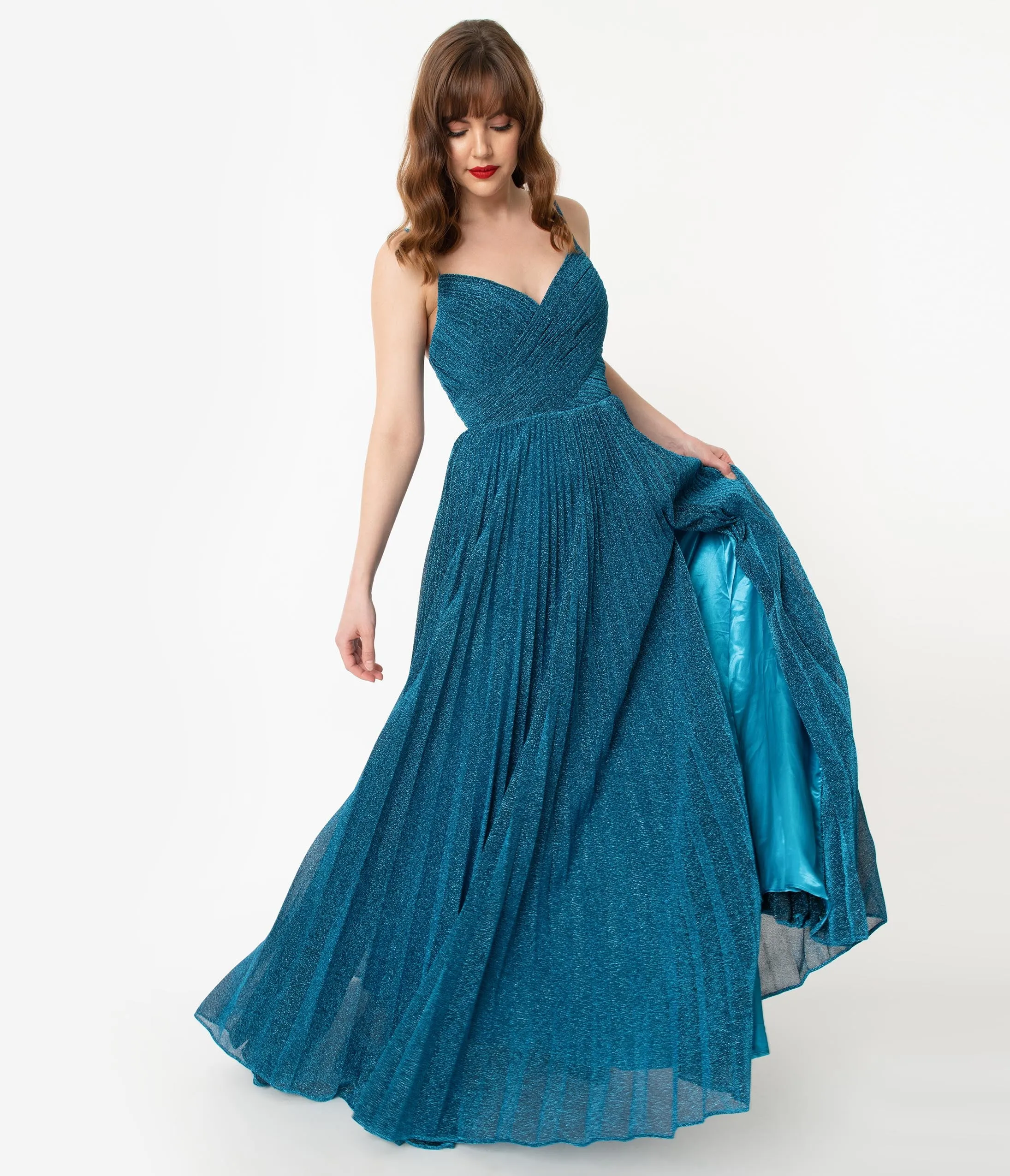 Teal Blue Sparkle Pleated Long Evening Dress