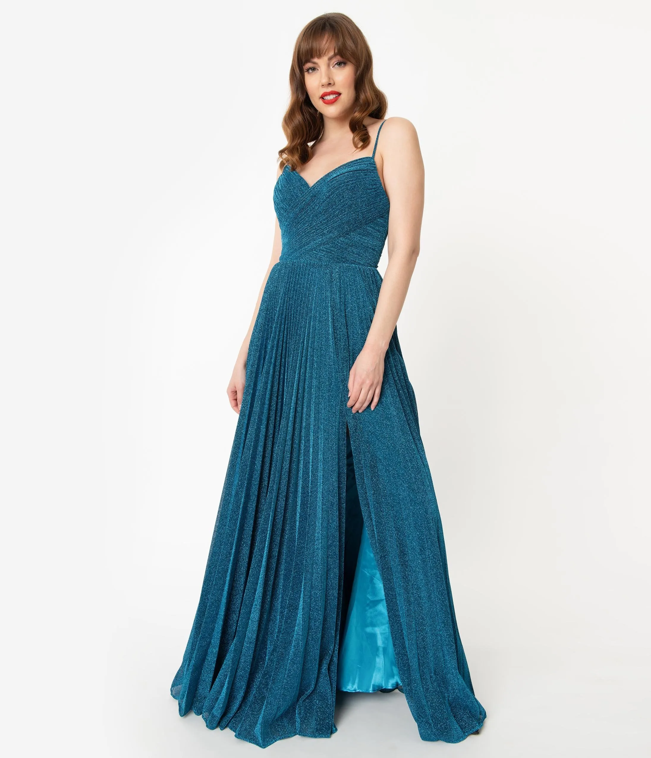 Teal Blue Sparkle Pleated Long Evening Dress