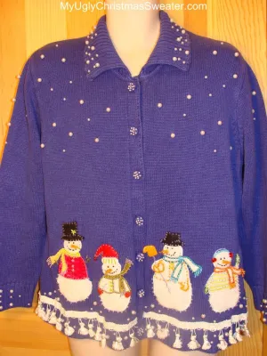 Ugly Christmas Sweater Bright Blue Sky with Snowmen