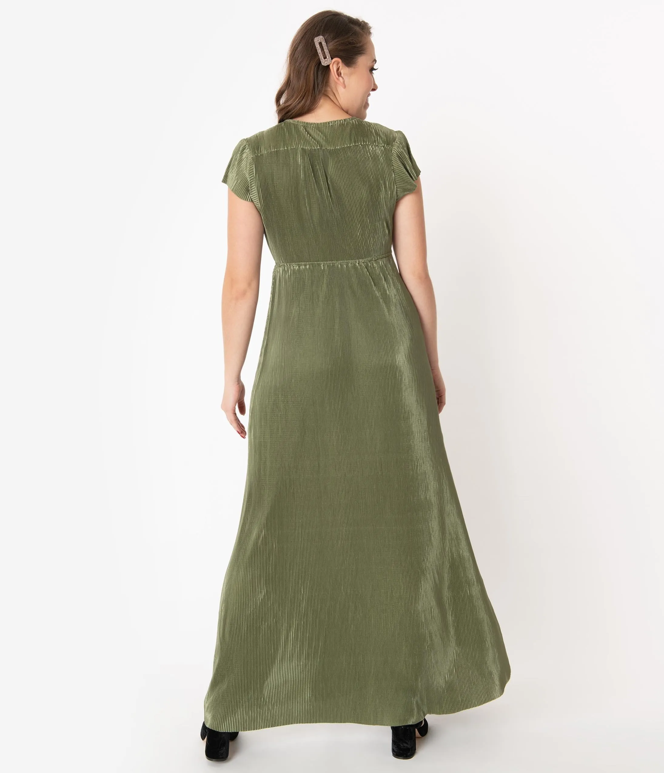 Vintage Style Moss Green Metallic Ribbed Maxi Dress