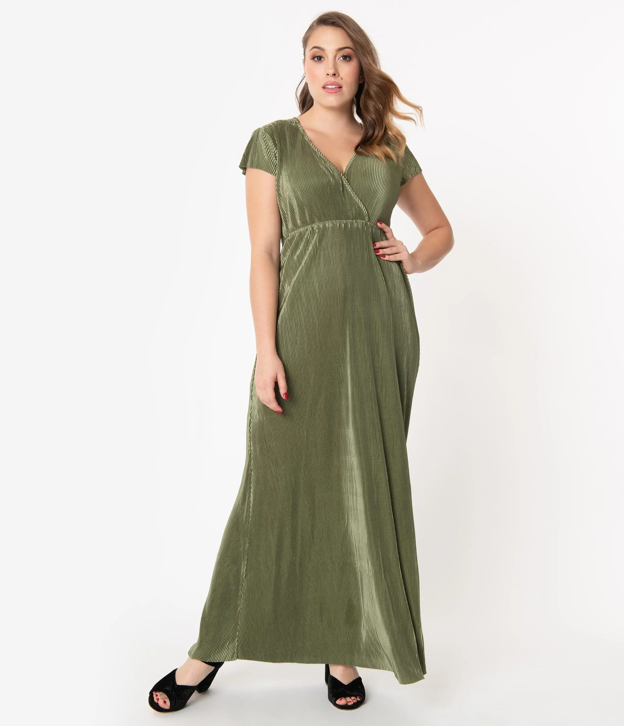 Vintage Style Moss Green Metallic Ribbed Maxi Dress