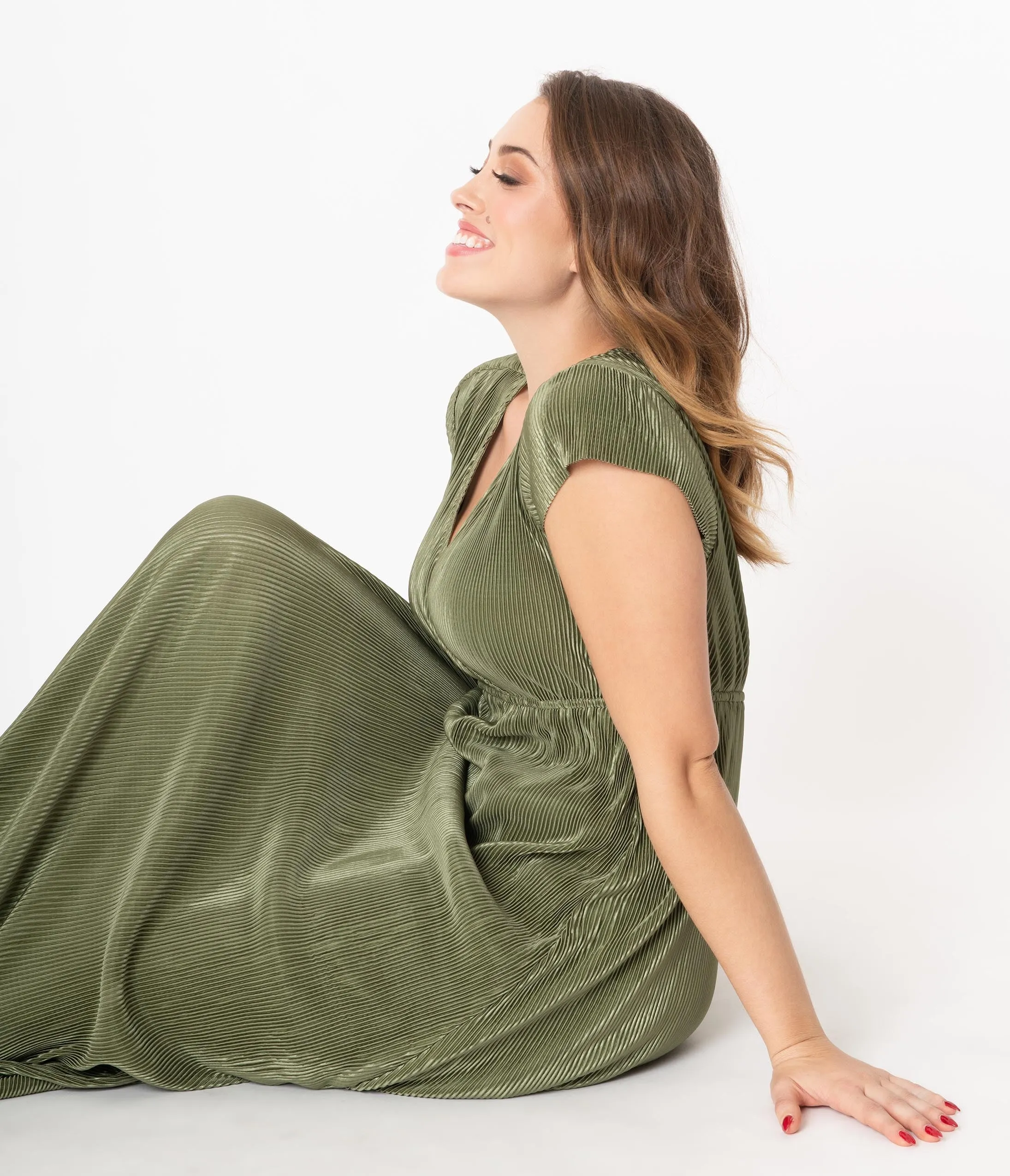 Vintage Style Moss Green Metallic Ribbed Maxi Dress