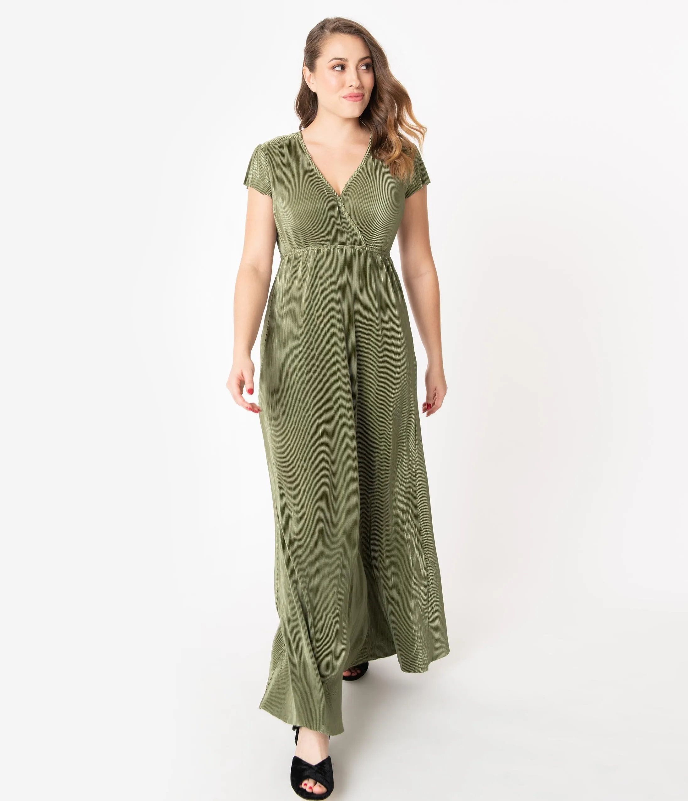 Vintage Style Moss Green Metallic Ribbed Maxi Dress