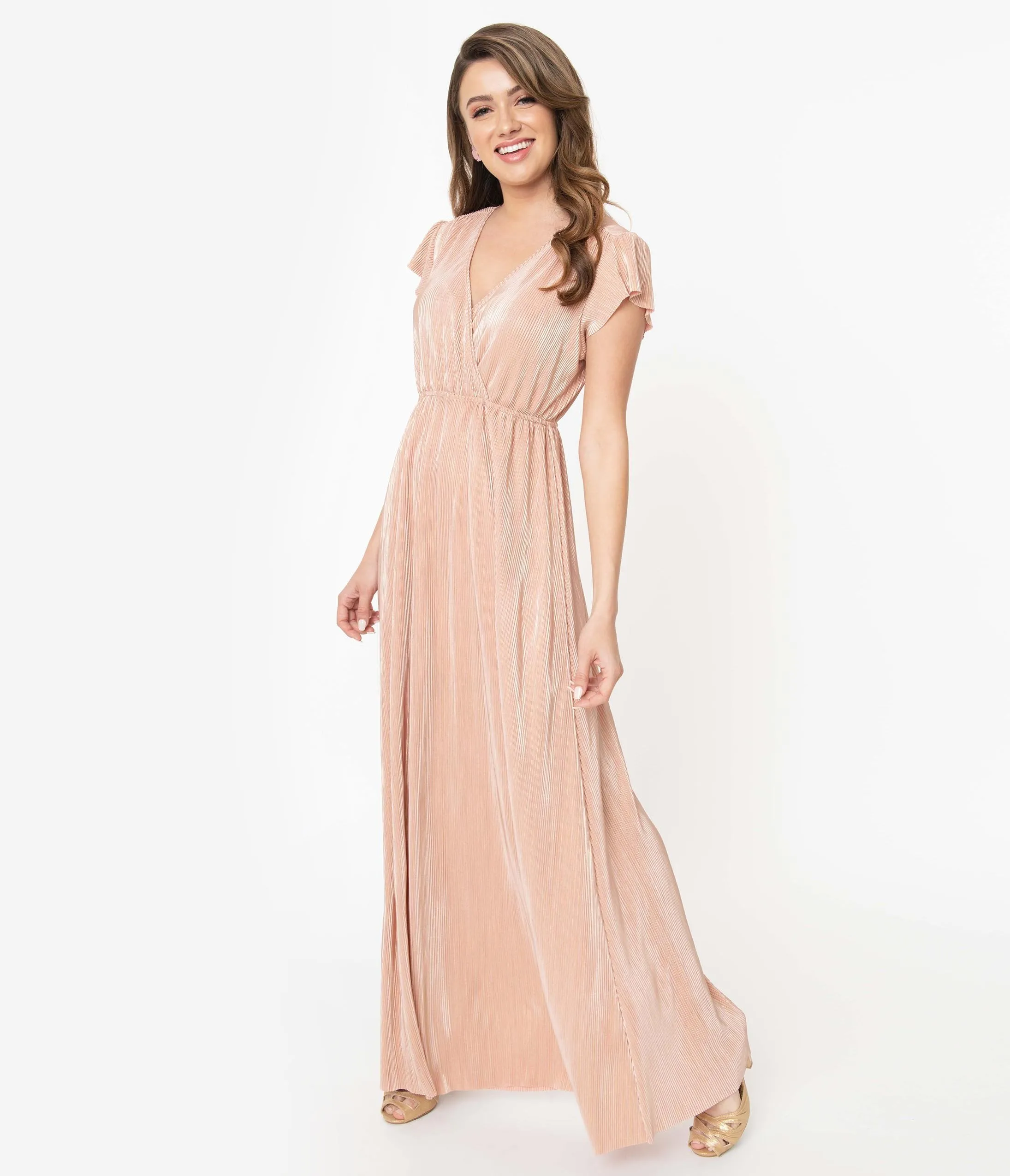 Vintage Style Pink Metallic Ribbed Maxi Dress