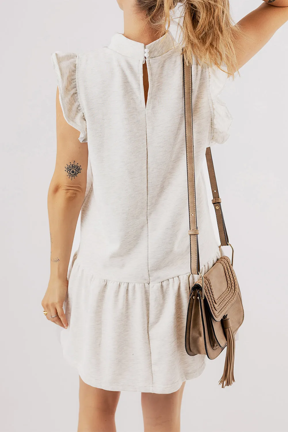 White Flutter Sleeve Crew Neck Shift Dress