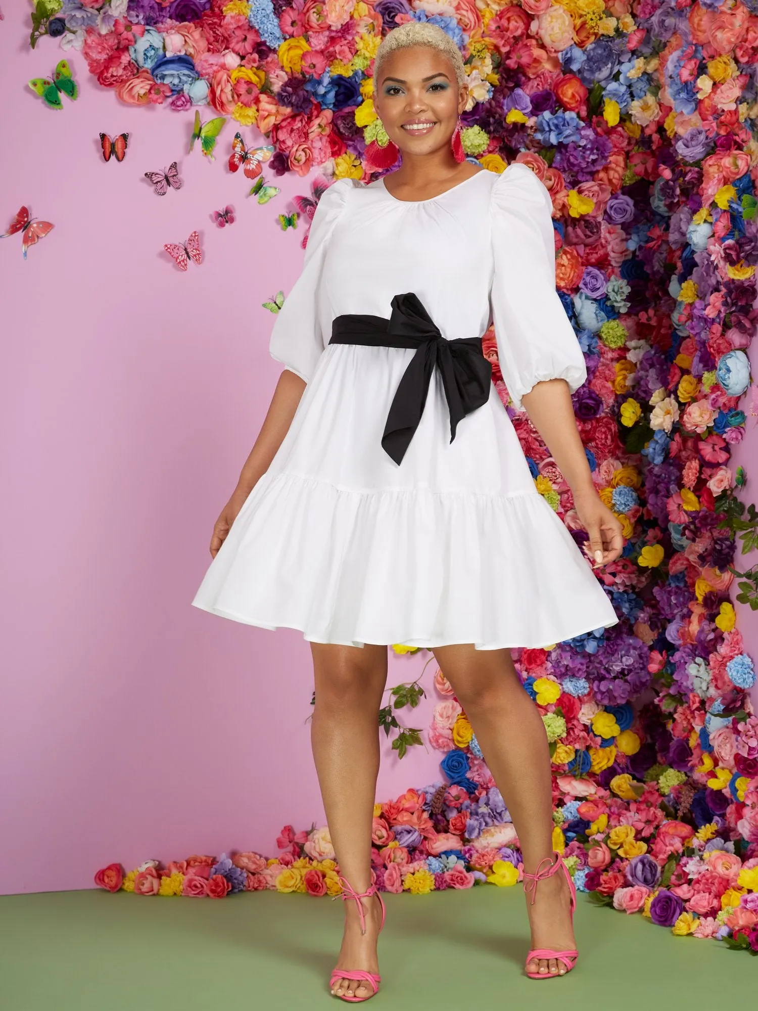 White Poplin Puff-Sleeve Tier Dress