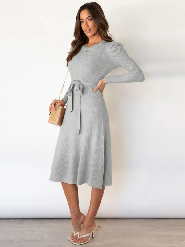 Women's Crew Neck Ruffle Cable Knit Sweater Midi Dress