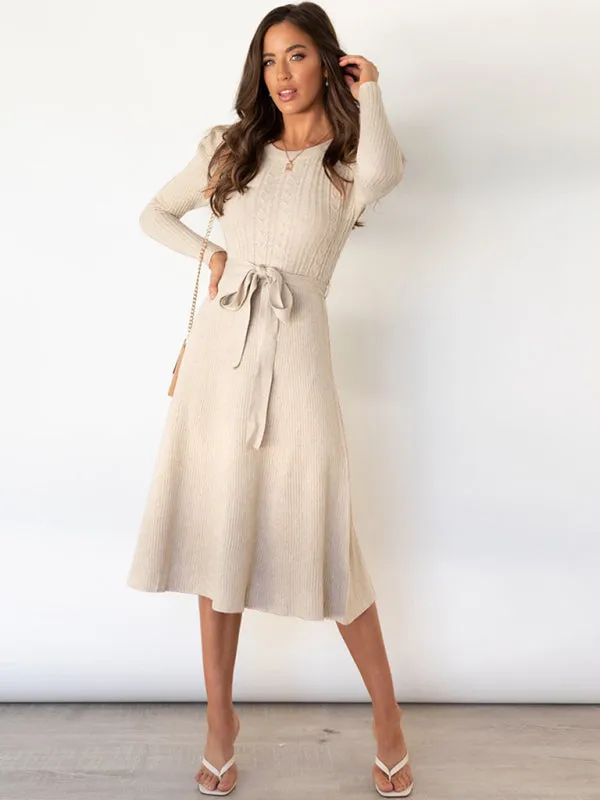 Women's Crew Neck Ruffle Cable Knit Sweater Midi Dress