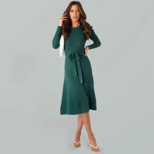 Women's Crew Neck Ruffle Cable Knit Sweater Midi Dress