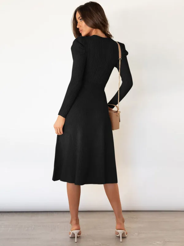 Women's Crew Neck Ruffle Cable Knit Sweater Midi Dress