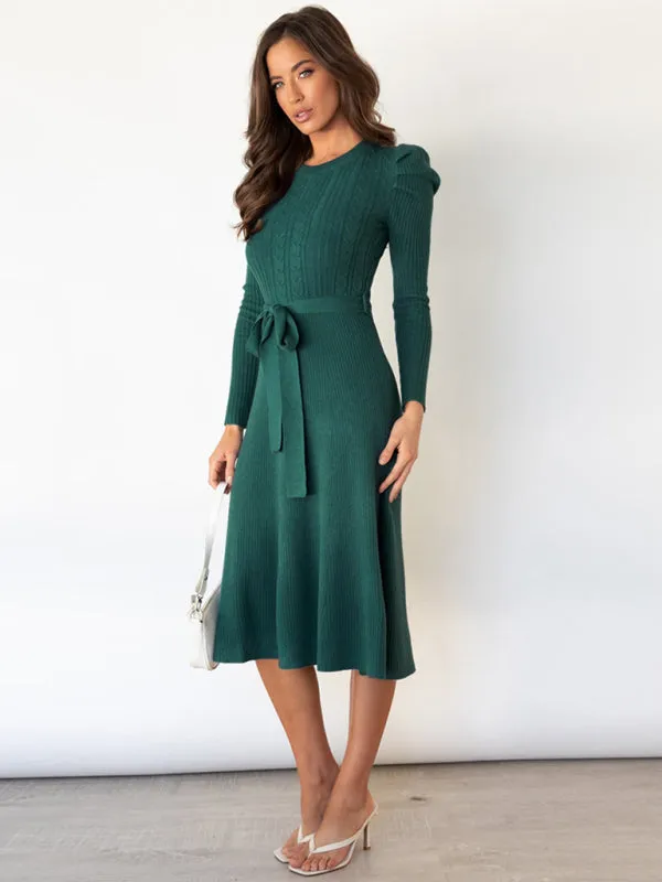 Women's Crew Neck Ruffle Cable Knit Sweater Midi Dress