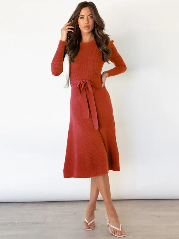 Women's Crew Neck Ruffle Cable Knit Sweater Midi Dress