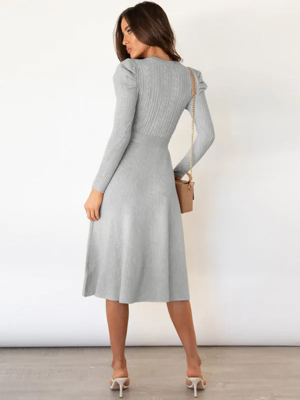 Women's Crew Neck Ruffle Cable Knit Sweater Midi Dress