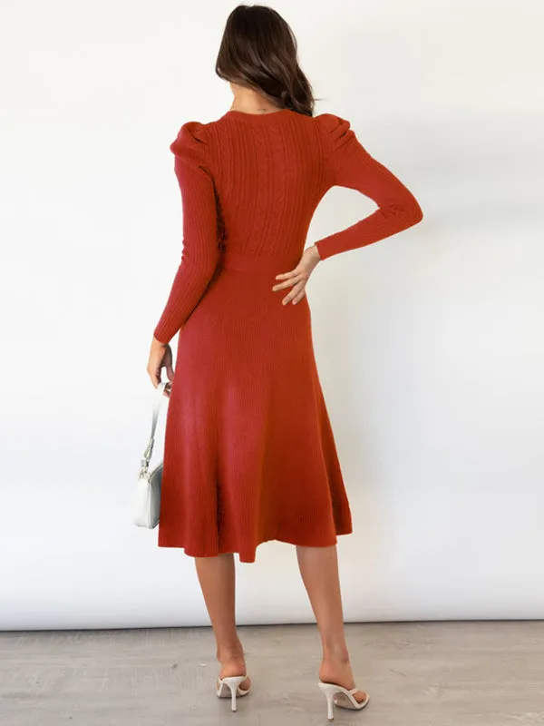 Women's Crew Neck Ruffle Cable Knit Sweater Midi Dress