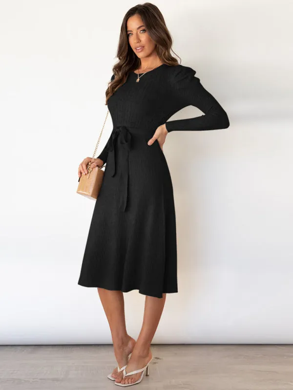 Women's Crew Neck Ruffle Cable Knit Sweater Midi Dress