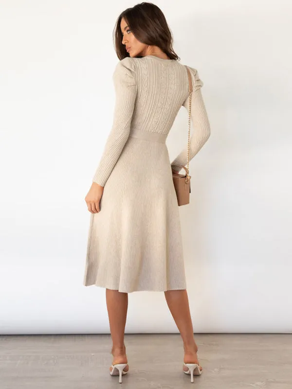 Women's Crew Neck Ruffle Cable Knit Sweater Midi Dress