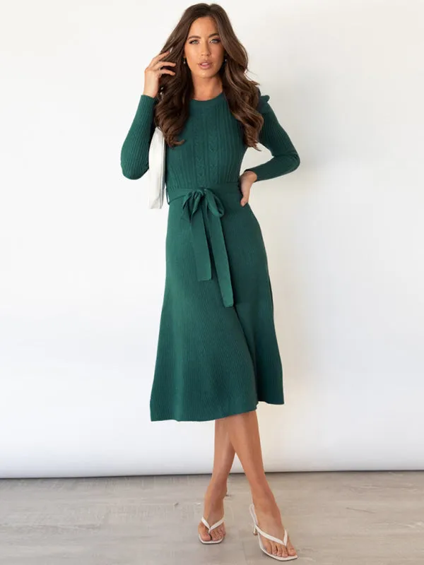 Women's Crew Neck Ruffle Cable Knit Sweater Midi Dress