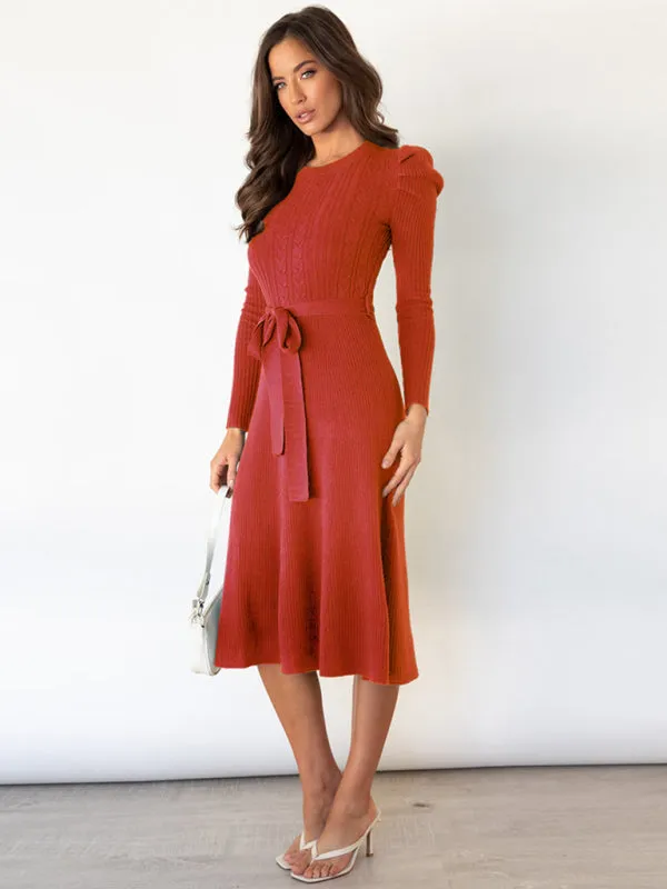 Women's Crew Neck Ruffle Cable Knit Sweater Midi Dress